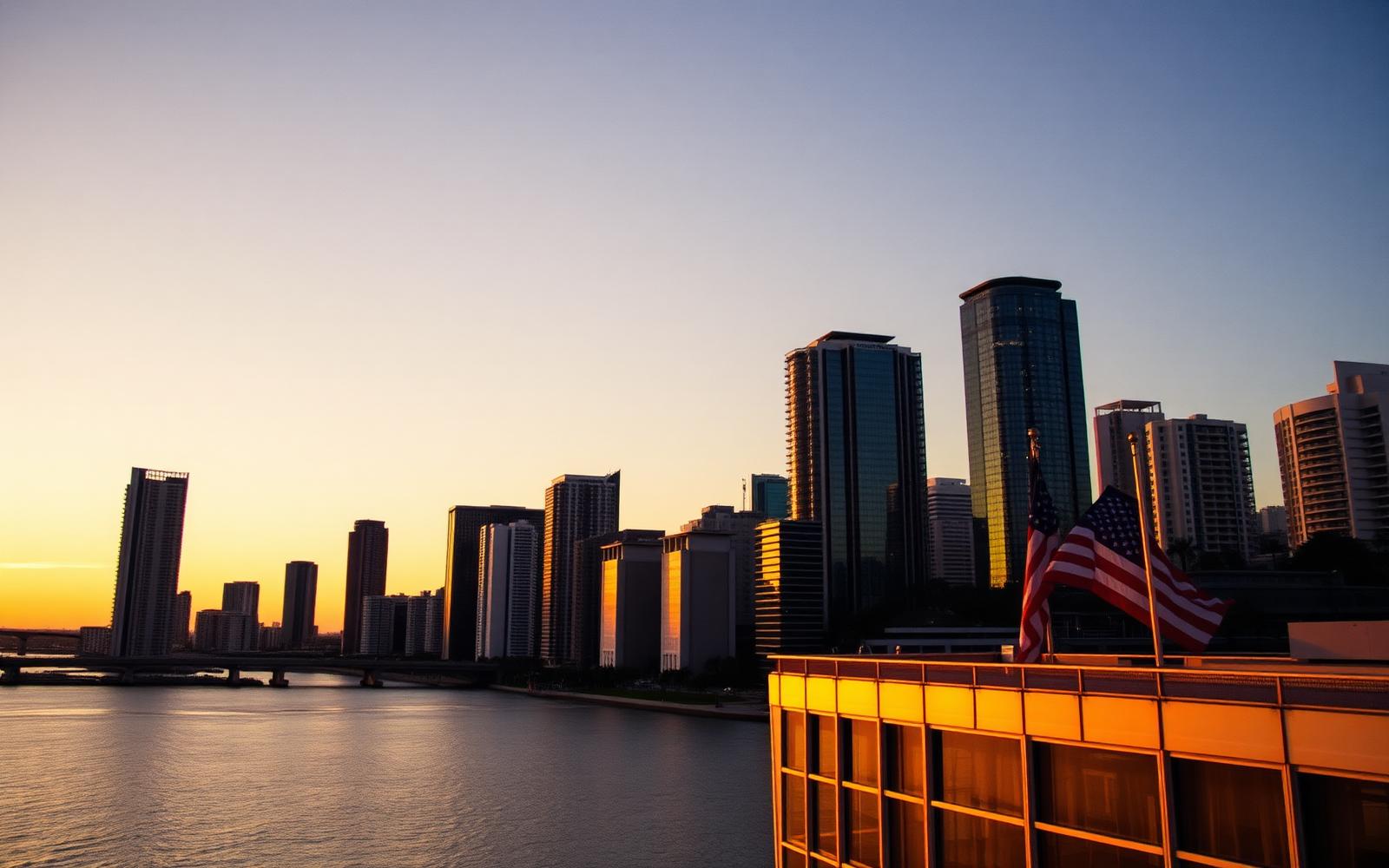 American city skyline at golden hour